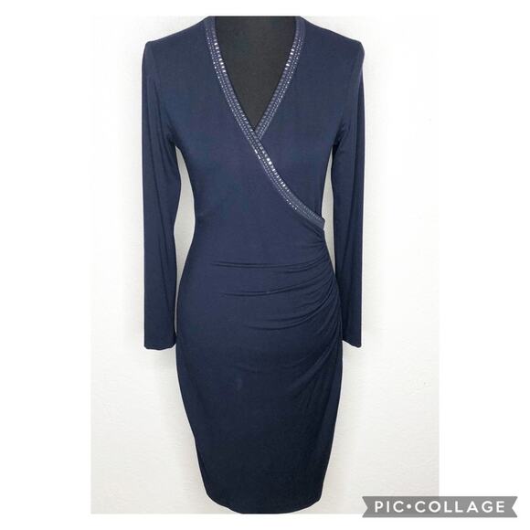 Cache navy blue metallic studded trim faux wrap sheath dress size Medium - Picture 1 of 16